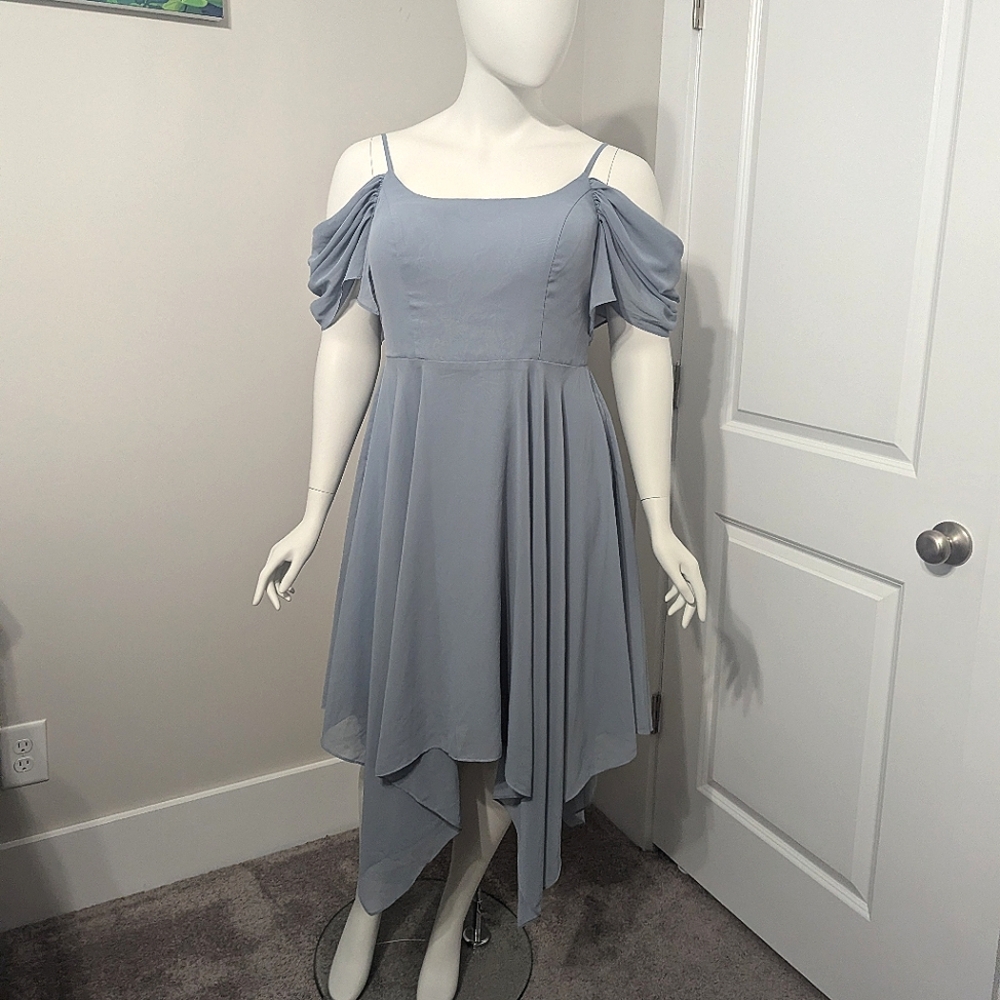 JJs House Dusty Blue Cold-Shoulder Midi Dress